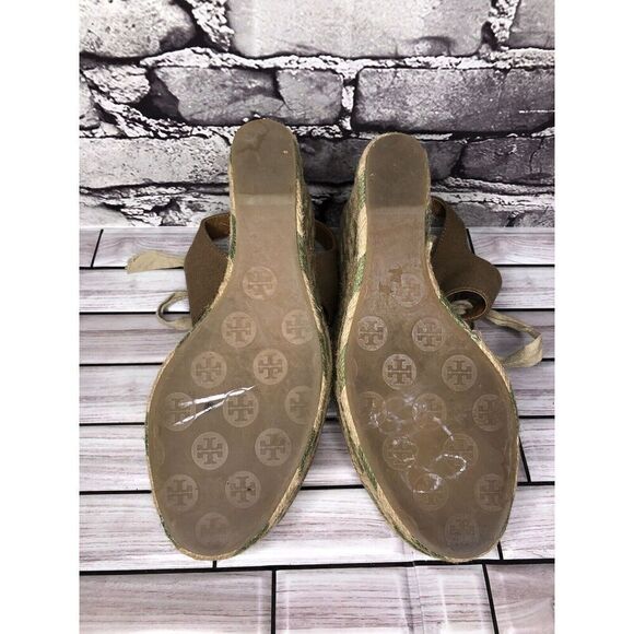 Tory Burch Taupe Canvas Textile Green Tan Espadrilles Wedge Women Sz 10M US/41EU - Picture 7 of 15